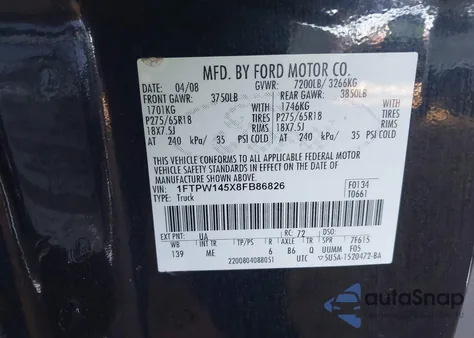 2008 Ford F-150 60Th Anniversary/Fx4/King Ranch/Lariat/Limited/Xlt z USA, uszkodzony, nr VIN 1FTPW145X8FB86826